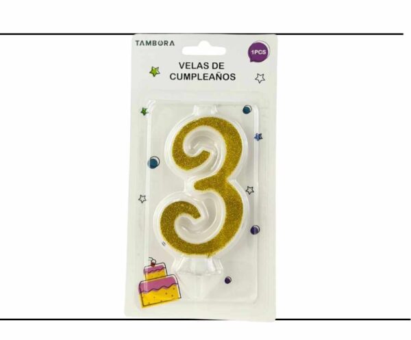 Vela numero 3 full glitter gold (dorado)