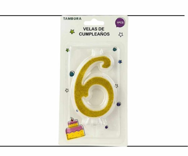 Vela numero 6 full glitter gold (dorado)