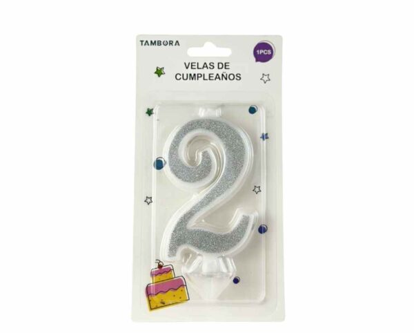 Vela numero 2 full glitter silver (plateado)