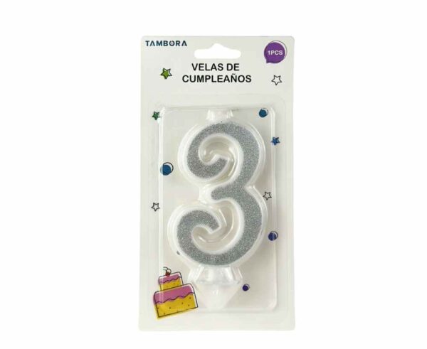 Vela numero 3 full glitter silver (plateado)
