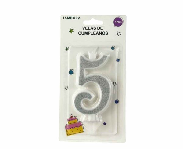 Vela numero 5 full glitter silver (plateado)