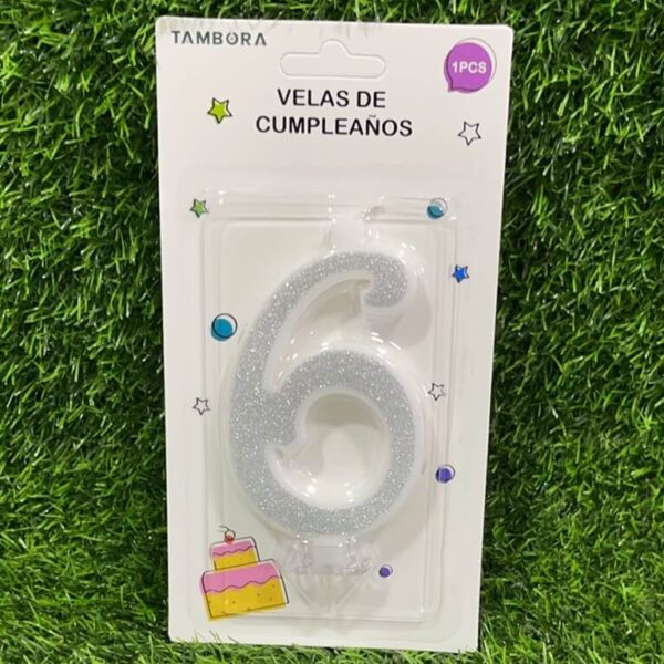 Vela numero 6 full glitter silver (plateado)