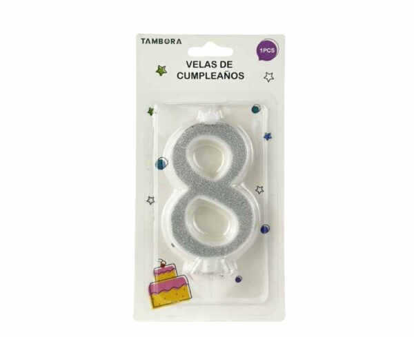 Vela numero 8 full glitter silver (plateado)