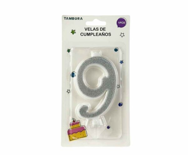 Vela numero 9 full glitter silver (plateado)