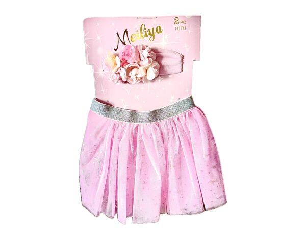 Disfraz vincha flor y tutu (rosa) cinturon elastico glitter (talla aprox de 2 a 6)