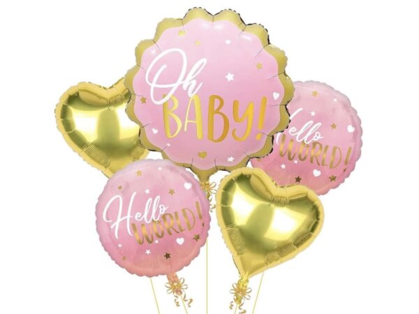 Pack 5 globos Oh Baby pink & gold (con helio)
