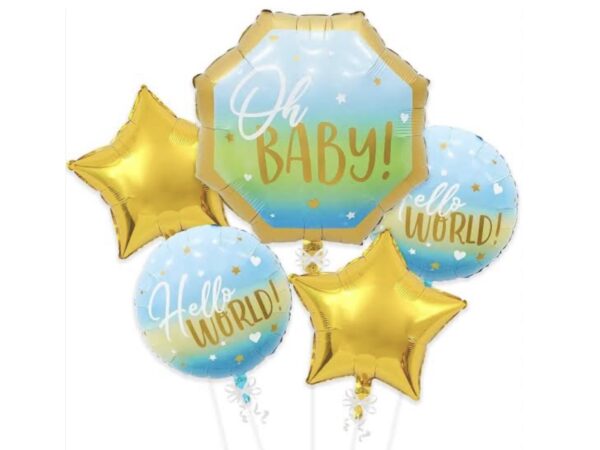 Pack 5 globos Oh Baby aqua & gold (con helio)