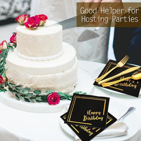 Servilletas Happy Birthday Gold (negras) (pack 10) - Imagen 3