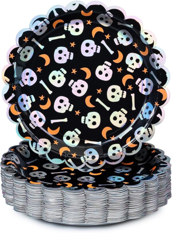 Platos calavera party Halloween festoneado iridiscente (pack 3)