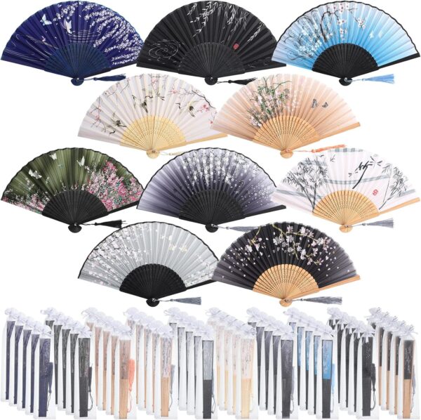 Abanico de bambu y seda con funda de organza (colores variados)