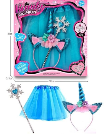 Disfraz Unicornio clasico (vincha, varita y tutu) turquesa (de 3 a 9 años aprox)