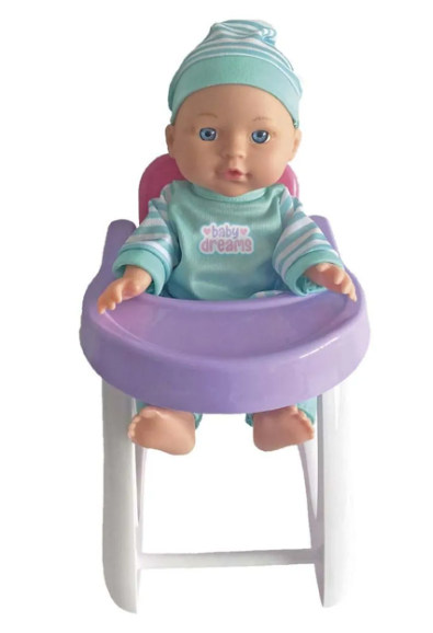 Muñeca Baby Dreams (27cm aprox) con silla de comer y accesorios (oferta)