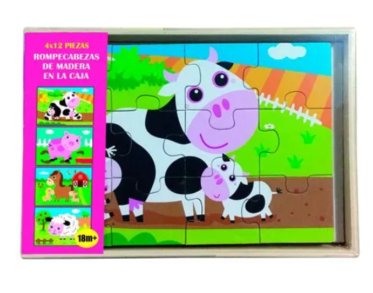 Rompecabezas 4 en 1 La granja: Vacas, chancho, oveja, caballos (12 piezas x cada rompecabezas)