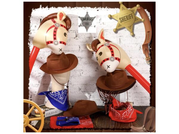 Disfraz de cowboy Sheriff marron (brown) (viene caballo inflable, insignia sheriff, pañuelo azul o rojo y sombrero) - Imagen 3