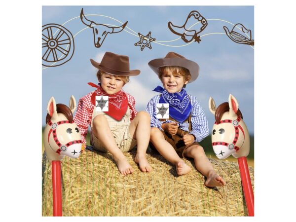 Disfraz de cowboy Sheriff marron (brown) (viene caballo inflable, insignia sheriff, pañuelo azul o rojo y sombrero) - Imagen 4