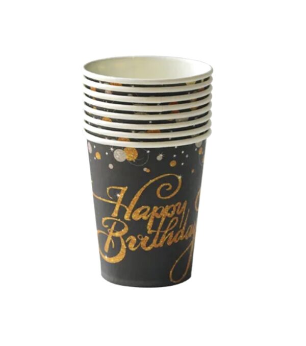 Vasos Happy Birthday negro y dorado (pack 12)