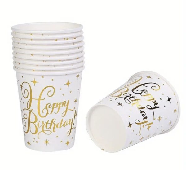 Vasos Happy Birthday blanco y dorado (pack 12)