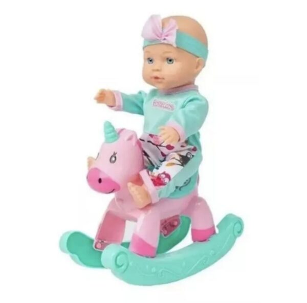 Muñeca Baby Dreams (27cm aprox) con unicornio mecedora  y accesorios (oferta)