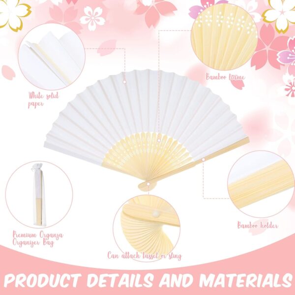 Abanico blanco de bambu y seda con funda de organza - Imagen 3
