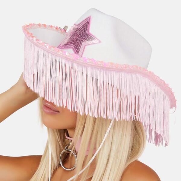 Sombrero vaquero white & pink star glitter flecos (37cm x 30cm) cowboy (estrella)