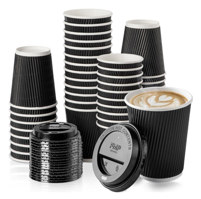 Vasos cafeteros negro con tapa 12oz (pack 10)