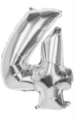 Globo numero 4 plateado metalico 40" o 100cm con helio