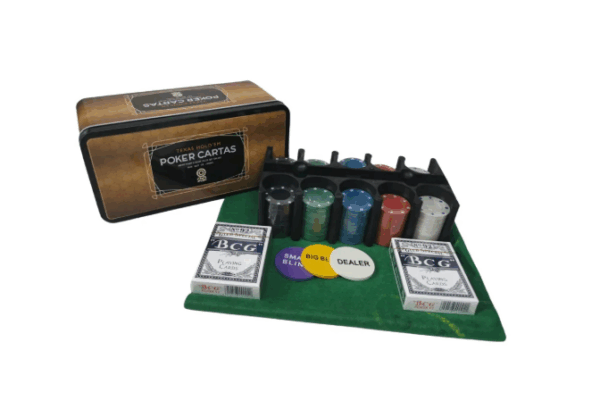 Set Poker Hold'em 200 fichas en caja de metal (fichas, cartas, ficha dealer, paño verde)