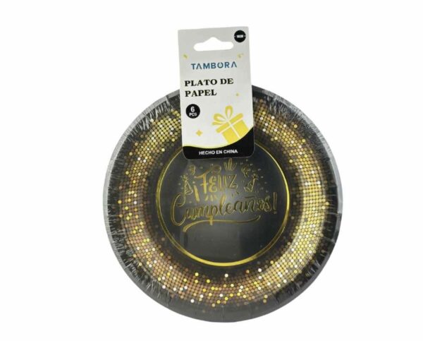 Platos feliz cumpleaños 17cm (pack 12) black and gold chico