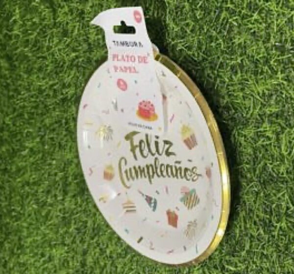 Platos feliz cumpleaños 17cm (pack 12) white and gold party chico