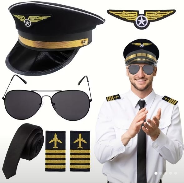 Piloto accesorios disfraz (gorro, corbata, galones x2, lentes, banderita)
