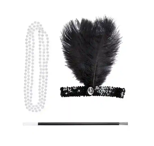 Charleston pack (halloween) accesorios: boquilla para cigarro, collar, vincha con pluma (para disfraz)