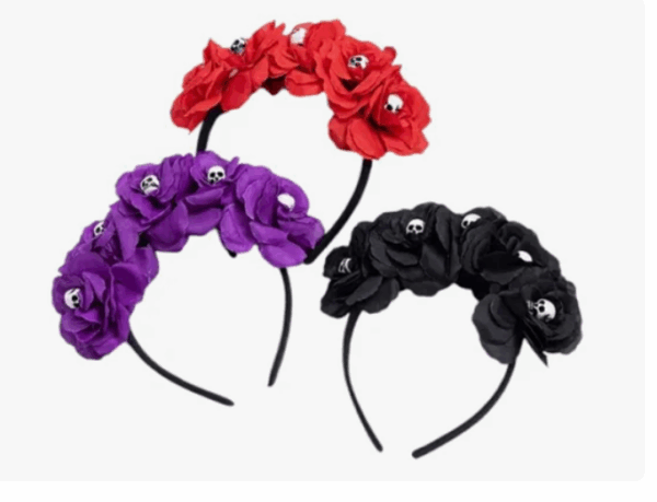 Vincha calaveras y flores (roja, negra, morada al azar)
