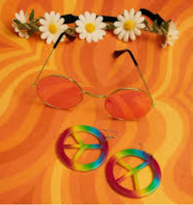 Disfraz Hippie (lentes, vincha de flores, aretes)