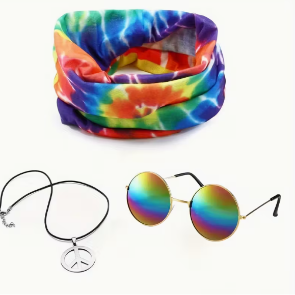 Disfraz Hippie (bandana, collar peace and love, lentes)