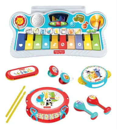 Set Musical Fisher Price (maracas, castañuelas, armonica, tambor y pandereta y piano)