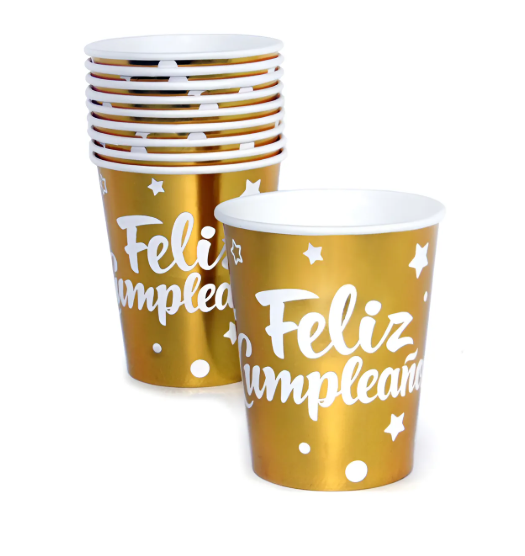 Vasos Feliz Cumpleaños dorado metalicos (pack 10)
