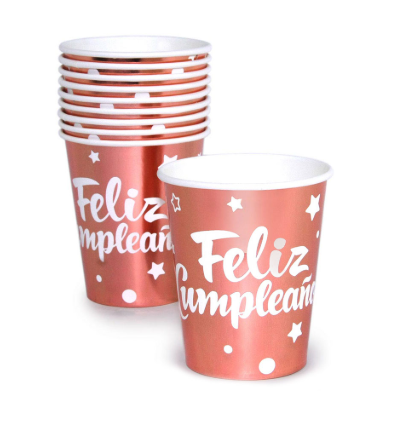 Vasos Feliz Cumpleaños rose gold metalicos (pack 10)