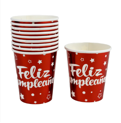 Vasos Feliz Cumpleaños rojos metalicos (pack 10)