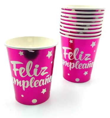 Vasos Feliz Cumpleaños fucsia metalicos (pack 10)