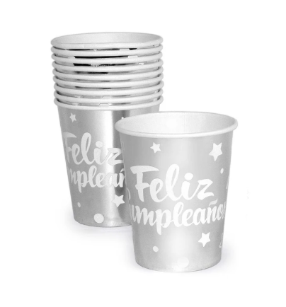 Vasos Feliz Cumpleaños plateado metalicos (pack 10)