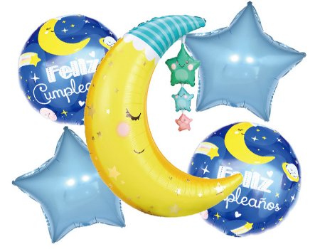 Pack 5 globos Luna feliz cumpleaños blue (helio)