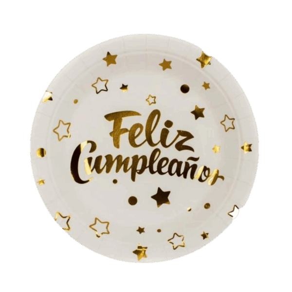 Platos feliz cumpleaños blanco metalicos chicos (pack 10)