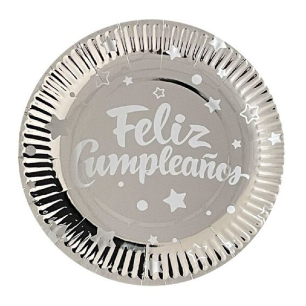 Platos feliz cumpleaños plateados metalicos chicos (pack 10)