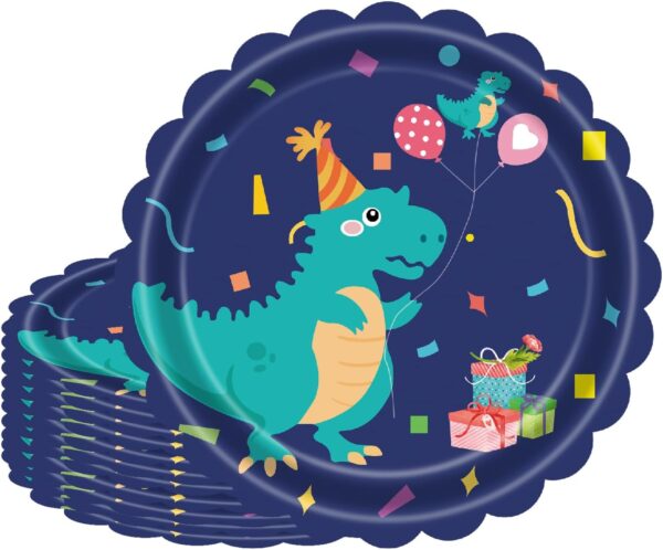 Platos dinosaurio party blue (pack 8) festoneada