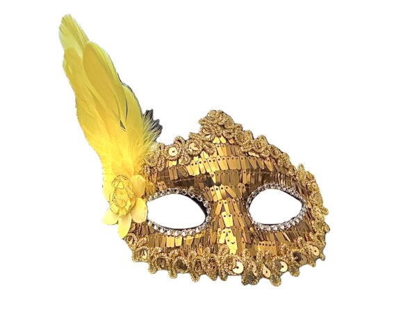Antifaz deluxe encaje y pluma dorado