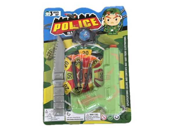 Pistola lanza dardos, cuchillo y reloj juguete