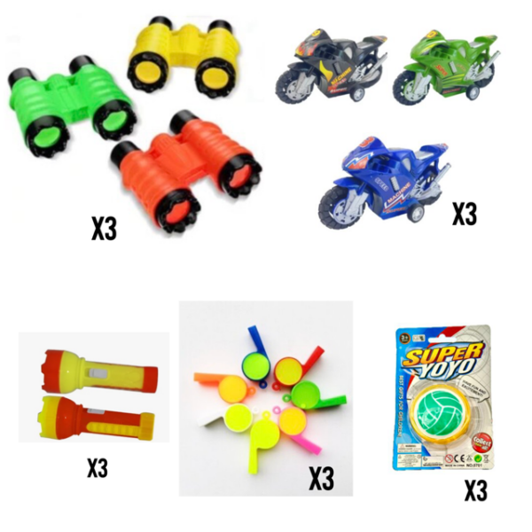 Pack toys piñateros (binoculares x3, silbatos x3, motos x3, yoyo x3, linterna x3)