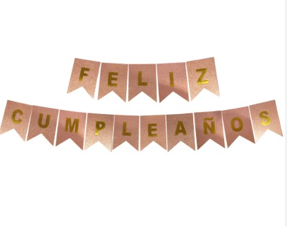 Banderin metalico Feliz cumpleaños (rose gold) (imagen referencial letras negras)
